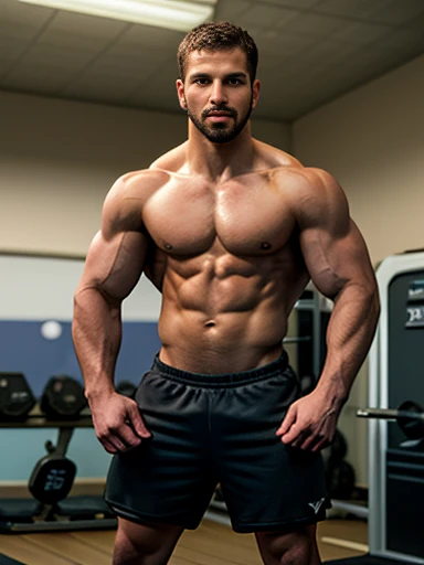 Young muscular man, dark short wavy hair, well-groomed beard, light-medium skin tone, intense expression, standing pose, slight head tilt to the left, right hand resting on hip, left hand behind back, shirtless, defined muscles, black workout shorts, indoor setting, gym or locker room, soft diffused lighting, high contrast, shallow depth of field, focus on upper body and face, blurred background, cool neutral color palette, realistic skin texture, even lighting distribution, slight shadows to emphasize muscle definition, no harsh highlights, clean and modern environment.