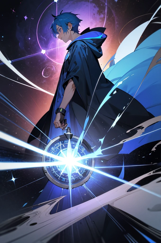 A young man with blue hair and blue eyes, wearing a blue hooded robe, deploying a huge black magic circle, background: distortion of space-time, asteroid belt, a supernova explosion in his hand, a huge compass with runes on it behind him, a sense of speed