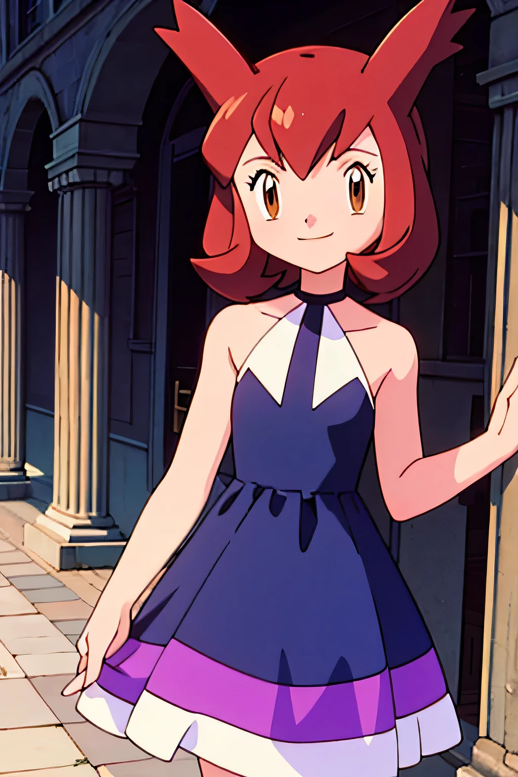 1 girl, solo, Pokemon Heroes (Bianca), Brown Hair, brown eyes, bare shoulders, black halterneck dress, smile, ballroom, columns, cowboy shot, facing viewer, absurdres, ultra detailed, masterpiece, best quality, ager, pokemovies, window of a purple sundown
