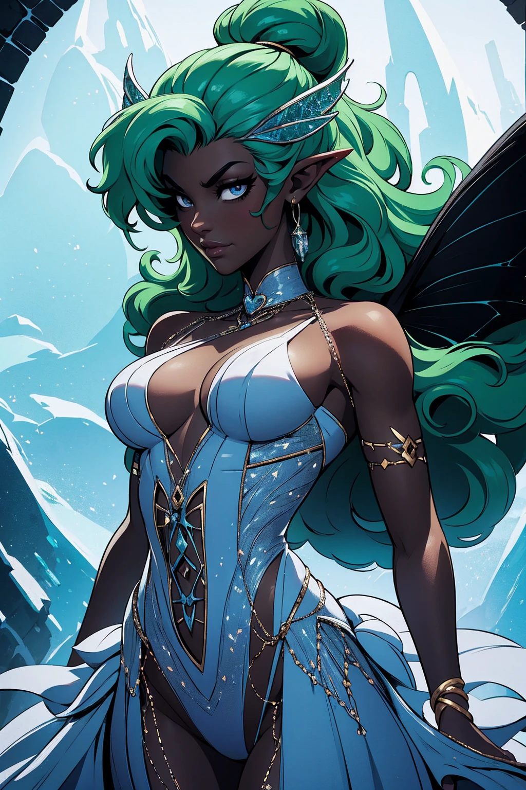 (Absurd, high quality, ultra -compared, careful with the hand) fairy, fairy wings, dreamer body, vivid, romantic and all. Optimistic face, just lies, without entry and intellectual. Reckless style, cold heart, impatient and too confident. Gray eyes, ripe and dark (eyes of the eyes), enchanted fairy (pixie) . Wearing white clothes, medium curly hair, green hair. In the carnival row illustration, flying, dancing lithgly, Whole body, black skin (black skin),
