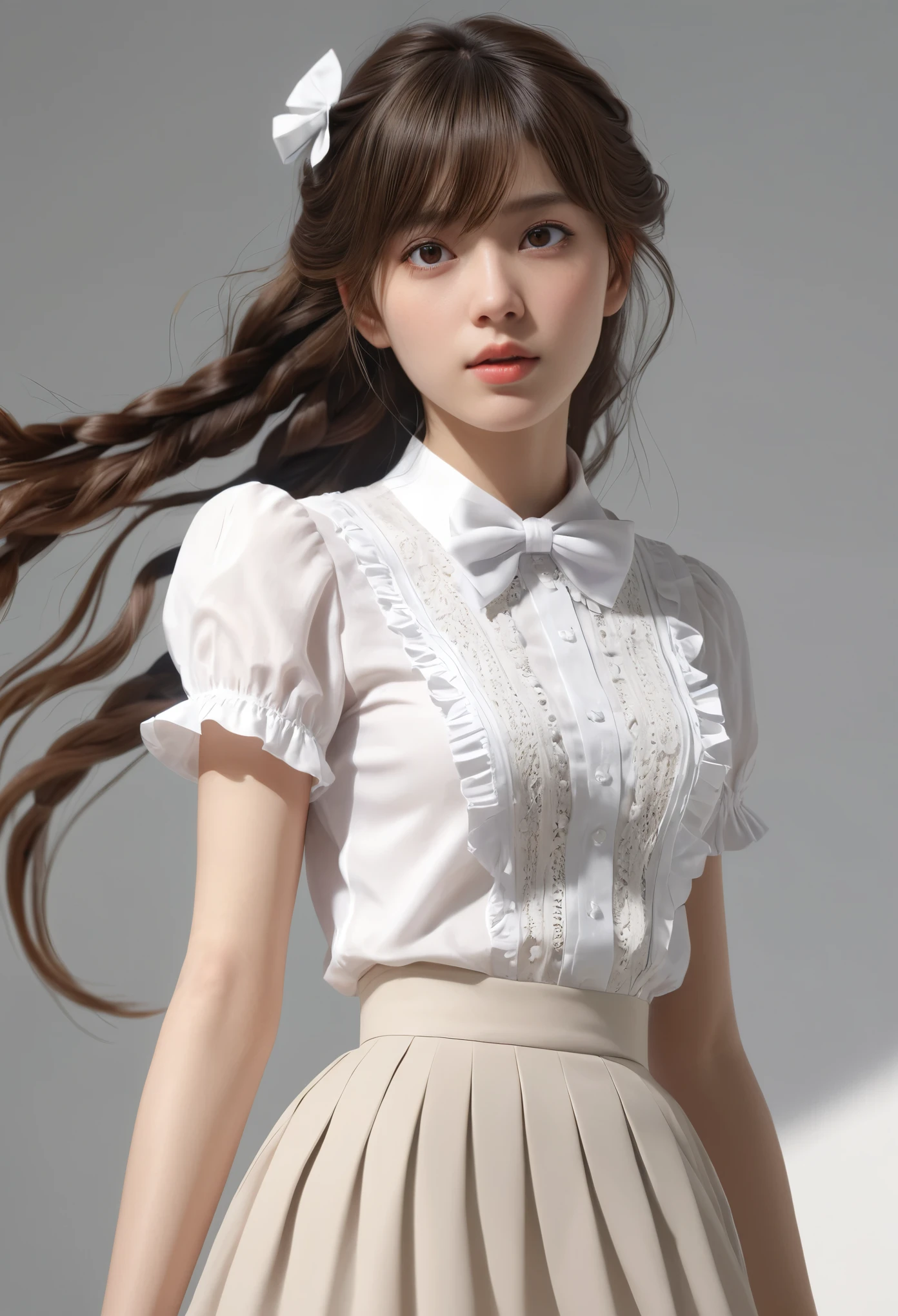 (masterpiece), (最high quality), (Very detailedな), (Best Shadow), (photoRealistic:1.4), Frilled blouse, skirt, white ankle socks, (((((A long shot of a woman walking slowly))))), high quality, masterpiece, Very detailedな, High resolution, 4K, 超High resolution, Detailed Shadows, Ultra-realistic, Dramatic lighting, One Girl, alone, Detailed face, Realistic eyes, Realistic Skin, Dynamic Hair, Dynamic pose, Dynamic Angle, White floral dress, White Background, Urzan-6500-v1.1, (RAW Photos:1.2), ( Realistic:1.4), Beautiful detailed girl, Very detailed eyes and face, Beautiful attention to detail, Ridiculous, incredibly Ridiculous, Large file size, Very detailedな, High resolution, Very detailed, 最high quality, (Bright interior), (Soft Light), (Low contrast), (Shallow depth of field), (portrait of a beautiful woman illuminated by gentle light), (Very delicate and elegant depiction), (Short bangs), (Hair color is dark chestnut with a slight brown tinge), (Hair with subtle and gentle waves), (Small, intricate braids on the side of long hair), (Decorated with thin ribbons), ( White blouse with small frills), (bow tie), (青いロングskirt), (White short ankle socks), shape, Very detailed, CG, Unified, 8k wallpaper, wonderful, Finer details, 最high quality, Very detailed CG Unified 8k wallpaper, Face Light, Cinema Lighting, One Girl, 16 years old,