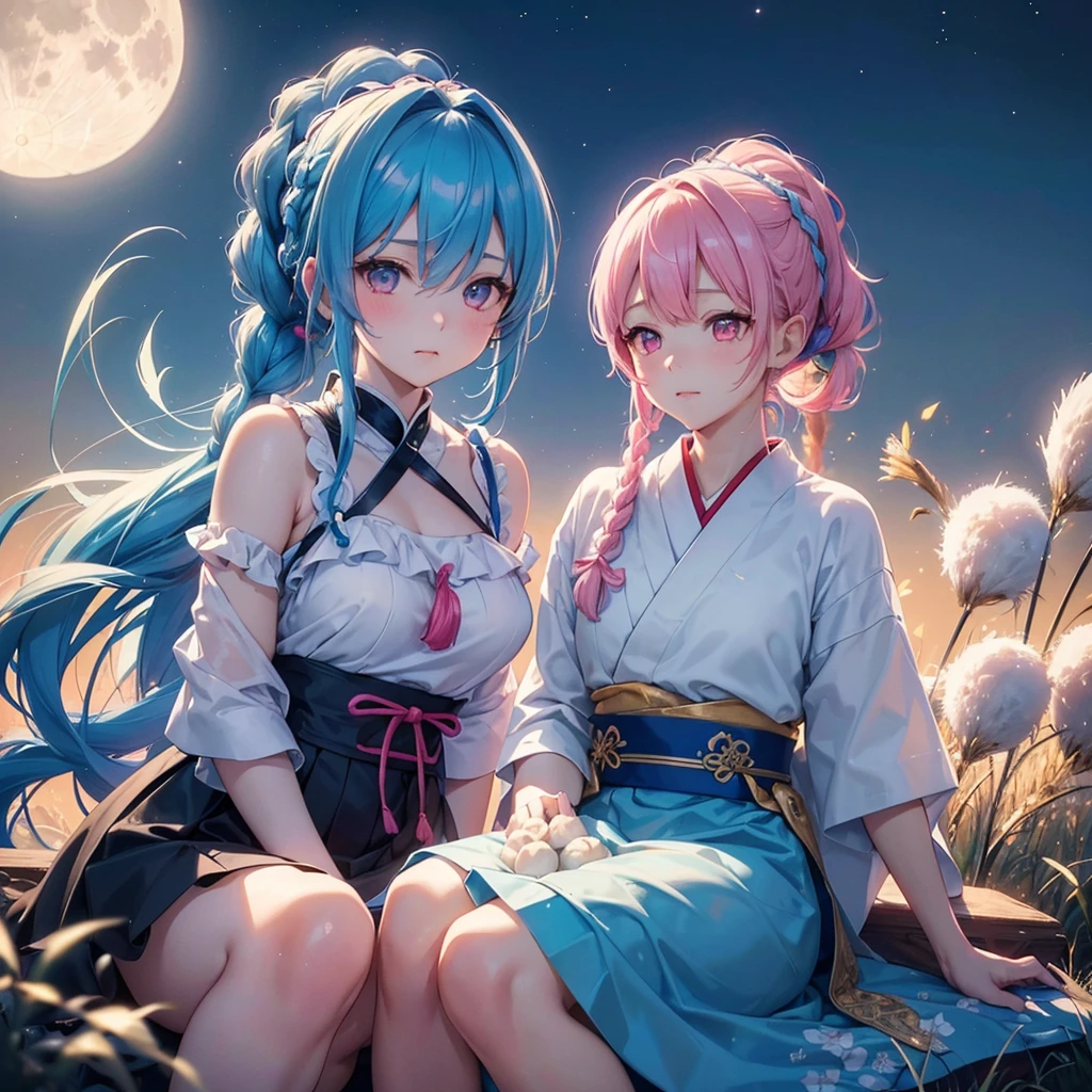 Sky blue hair, (1 braided hair), (Pink eyes),Fair skin)  ,(whole body),(One Girl),(White sweet dumplings ),Japanese pampas grass,(beautiful, Full moon shining in the night sky),(masterpiece, Highest quality, Very detailed, Best Shadow), (Detailed Background), (Beautifully detailed face), High Contrast, (Best lighting, Very delicate and beautiful), ((Cinematic Light)), colorful, Hyper Detail,8k, Dramatic Light, Intricate details,Sit down and eat dumplings