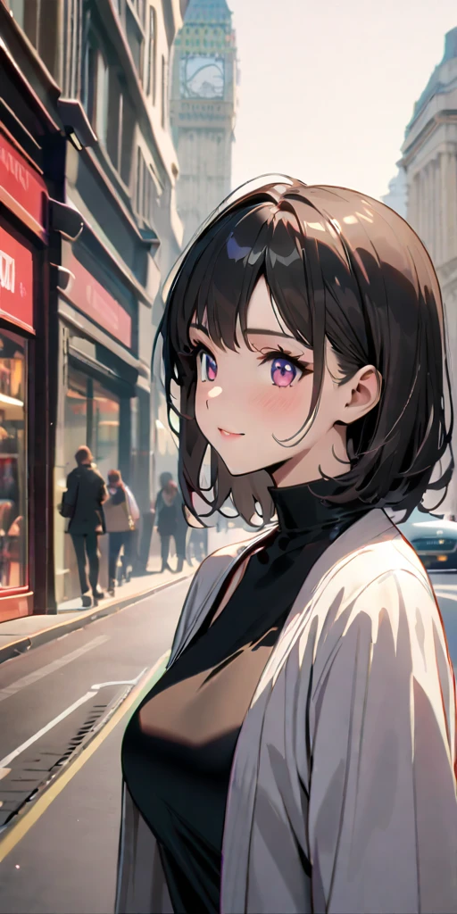 ((Highest quality、masterpiece、anime style、best quality、high resolution、8k、detailed、ultra-detailed:1.3))、Long legs:1.2, Beautiful woman with perfect figure:1.4、(Smiling:1.2), double eyelid、30-year-old female、((((One Woman,beautiful face,Beautiful face、London,upper body:1.5)))),Big Breasts、High resolution, accurate, Anatomically correct, Winner of numerous awards, High-resolution model, high quality, Very detailed, Ultra high definition, Textured skin,