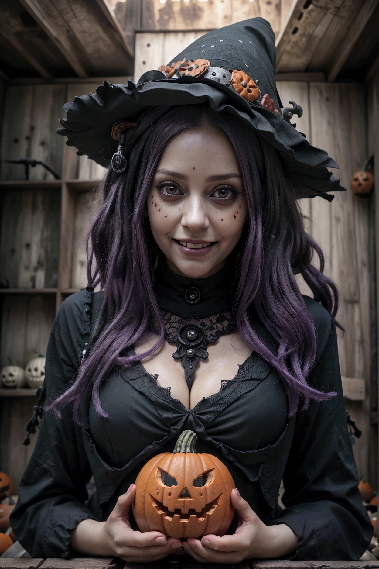 UHD, retina, accurate, anatomically correct, textured skin, super detail, high details, high quality, best quality, highres, 16k, red eyed woman holding halloween pumpkin next to her face. she have long wavy lilac hair, wearing witch hat and detailed witch dress, evil smile. abandoned mansion scene. black dress.