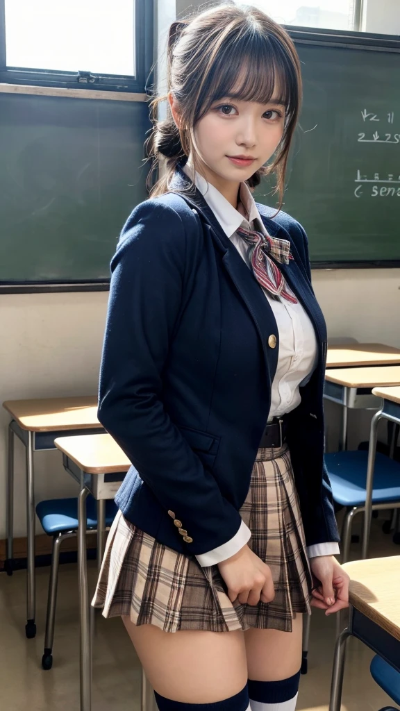 masterpiece, best quality, illustration, Super detailed, fine details, High resolution, 8K,wall paper, perfect dynamic composition,(Details High quality, realistic depiction of eyes:1.3), from side, High School Classroom、High school girl uniform、blazer 、Super Short Check Uniform Skirt、Navy blue high socks、garterbelts、Colossal tits、Disturbed uniform, ponytail, black hair color, large breasts, Big Natural Color Lip, bold sexy pose, (perfect body shape), crying a little、cold gaze, Harajuku style、20 year old girl、cute type, beautiful legs, hposing Gravure Idol, Voluptuous thighs