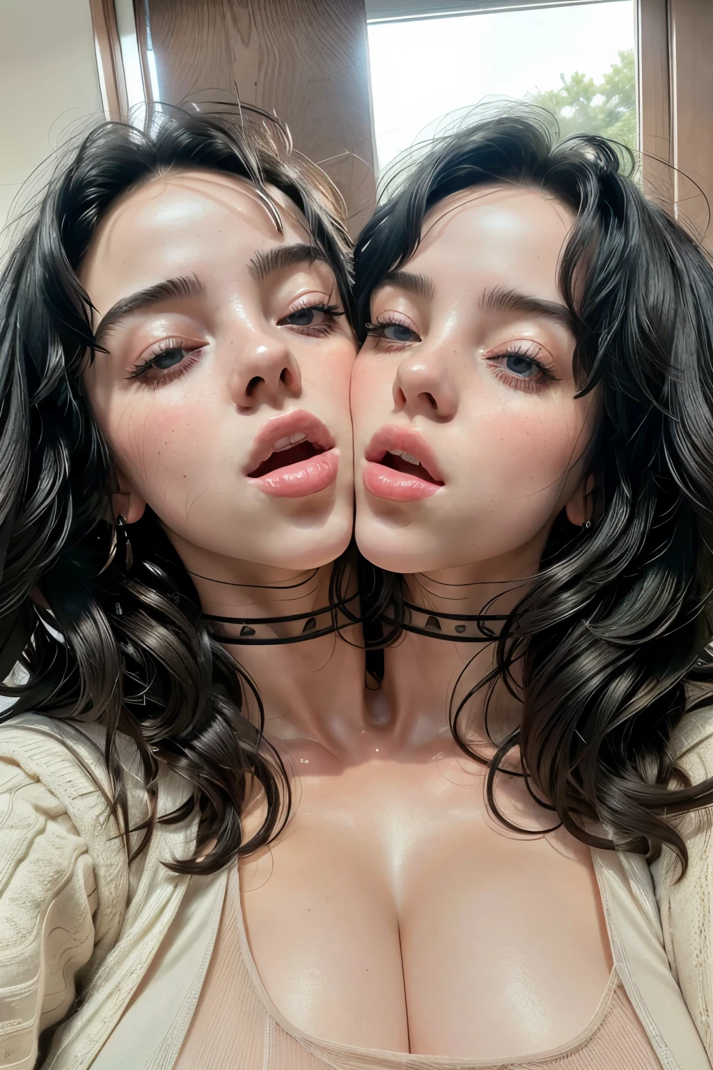 ((masterpiece)), ((best quality)), (detailed), perfect, solo, two-headed billieeilish, a woman, gorgeous woman, luscious lips, black hair, blue eyes, ((extremely detailed eyes)), eyes closing, deep cleavage, sexy, large breasts, (two heads, conjoined_dicephalus), (kissing:1.4), blushing, extremely aroused, on a hot beach, eyes closing, falling asleep, yawning, ((focus on faces:1.3)), ((cheeks rubbing together)), comic panels 