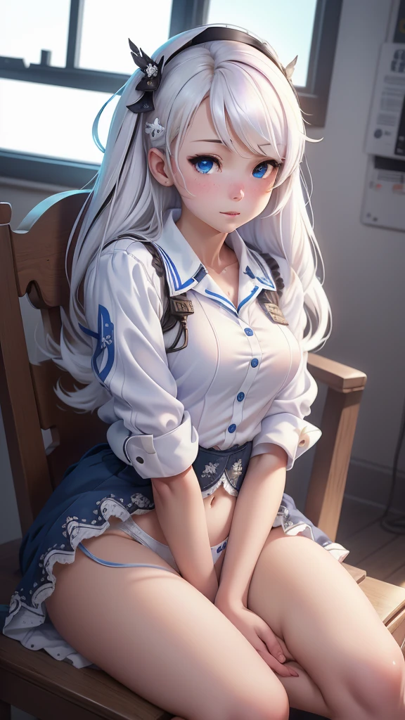anime girl sitting in chair with cigarette in mouth and looking out window, (beautiful anime high school girl:1.4) , (seductive anime girl) , a hyperrealistic schoolgirl, anime visual of a cute girl, the anime girl is crouching, (azur lane style:1.4) , still from tv anime, from the azur lane videogame, anime opening, anime best girl, (hyperrealistic schoolgirl:1.4) , high quality, (RAW photo, best quality), (realistic, photorealistic: 1.4), (extremely delicate and beautiful: 1.4), amazing, fine details, masterpiece, ultra detailed, high resolution, best illustration, best shadow, intricate, ( extremely intricate: 1.2), (exquisitely detailed skin), cinematic light, perfect anatomy, (cool color: 1.4), sharp focus, 8k UHD, DSLR, (Fujifilm XT3),More detailed 8K.motor irreal:1.4,UHD,La mejor calidad:1.4, fotorrealista:1.4, textura de la piel:1.4, obra maestra:1.8,obra-prima, mejor calidad,objeto Objeto], (detailed face features:1.3),(Las proporciones correctas),(Ojos hermosos azules),  (pose vaquero), (mostrando panties white encaje :1.4) 