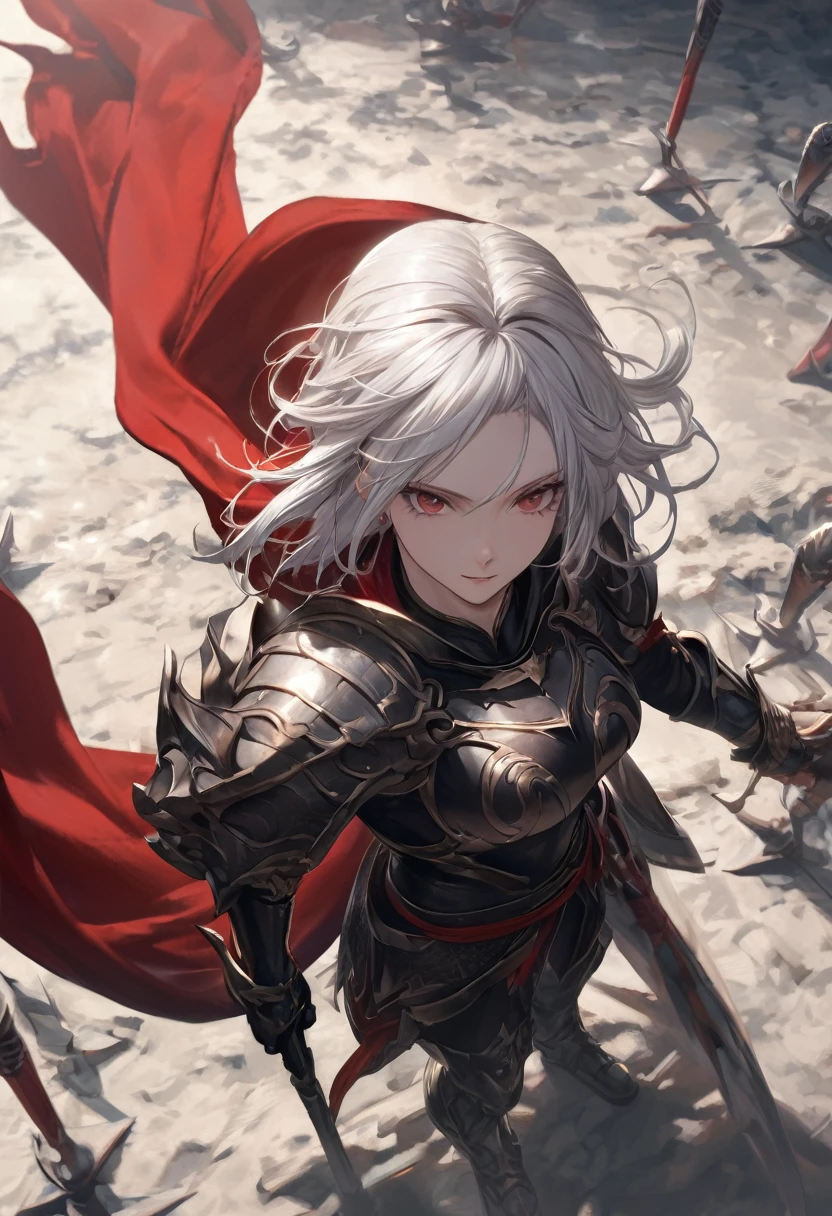 punctuation_9, punctuation_8_High above, punctuation_7_High above, textura de pele realista, detailed image of the anime, HD32k, hight contrast, textura de pele realista, beautiful female warrior, long white hair, medium breasts, aretes, dark and black fantasy armor with red cape, with a sword in each hand, on a battlefield, facefocus