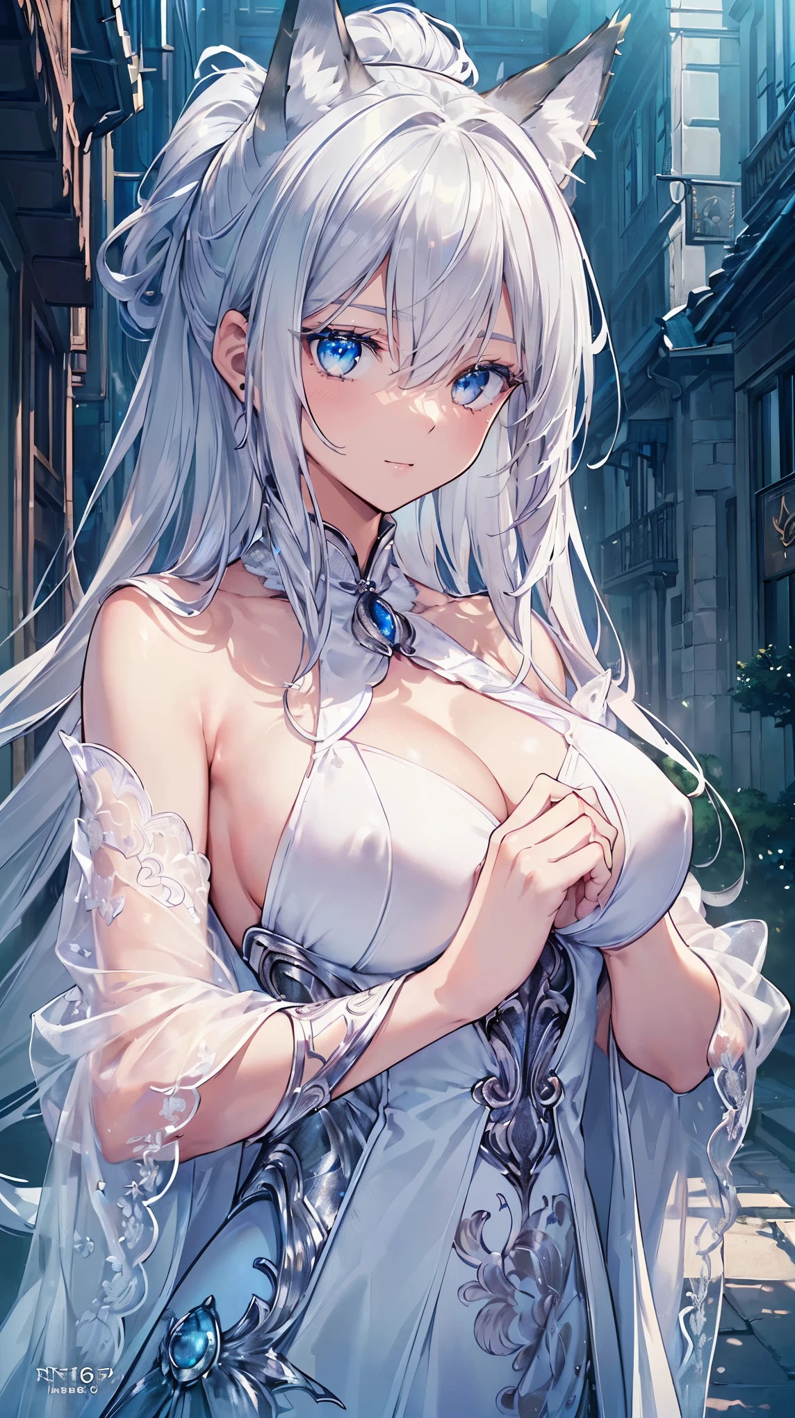 ((best quality)), ((Extremely detailed)),(16K highest quality wallpaper:1.4), (Upper Body:1.6), (Highly detailed and delicate illustration style:1.8), Delicate skin texture, Detailed fabric texture, Extremely detailed的描述, (T-Masterpiece), (The face is rich in detail:1.2), (Highly detailed silver fox ears:1.2), (Highly Detailed Shiny Ponytail:1.2), (Very detailed beautiful eyes:1.2), The original, RAW photos, professional, Intricate details, Super Detail, Direct light:1.6, (Perfect anatomical structure:1.4), (Highly delicate hands:1.2), (Very detailed fingers:1.2), (Highly detailed fingertips:1.2), (27 years old), real, (Solitary:1.6), ((Very beautiful and attractive silver fox female model:1.4)) brake (Beautiful and cute silver fox ears:1.6), (Detailed silver fox ears:1.4), (Beautiful and well-proportioned big breasts:1.2), (Beautiful and shapely buttocks), (Very beautiful and shiny rainbow hair, Colorful hair:1.6), (Very beautiful and transparent blue eyes,Shine with rainbow colors, Colored eyes:1.5), (beautiful clear blue eyes,The details sparkle:1.6), (The face is rich in detail:1.4), (Smile:1.3), (Looking at the audience:1.4), (permanent:1.4) brake (Concept Art:1.2), (Detailed fantasy art:1.2) brake (Just after noon:1.4), (Otherworldly city streets:1.6), (A different world:1.2), (Highly detailed and sophisticated backgrounds:1.2) brake ((Court Wizard's Coat:1.5),(Court wizard cloak:1.5)) brake