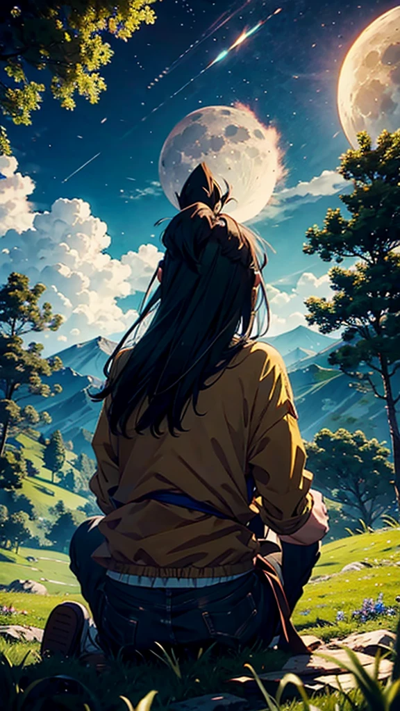 GOKU IN BEAUTIFUL GRASS AND SEE THE MOON AT NIGHT