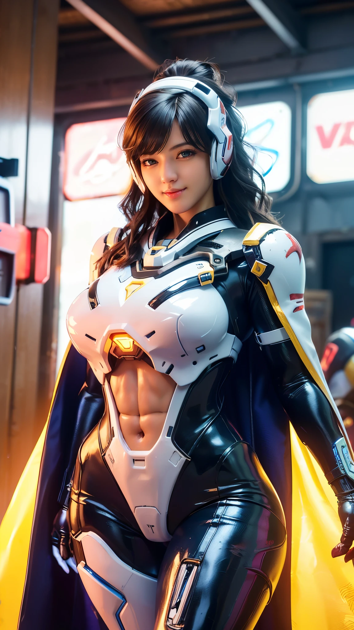 Cosplayer_Queen, CLOSE UP UPPER BODY,solo, COWBOY SHOT, ((E-SPORT HEADPHONE, ASIAN WAVY BLODE HAIR:1.4)), (GIGANTIC FAKE BREASTS,11 LINE ABS:1.5), (TIGHT BLUE FUTURISTIC MECHA BODYSUIT OVERWATCH, ROYAL LONG CAPE:1.5), (MUSCULAR SLENDER BODY SHAPE:1.5), (CLEAN GLOSSY BODYSKIN:1.5), (LOOKING AT VIEWER:1.6), (BACKGROUND FUTURISTIC SPACE STATION:1), (Photorealsitic:1.4), (Ultra-detail), (TOP-QUALITY), (BEST SHADOWS), BRIGHT LIGHT IN ROOM, HYPER TEXTURE, (4X MSAA), ((UNREAL ENGINE 5 RENDER)), (NEON), PHYSICALLY-BASED RENDERING, ULTRA HIGHT DEFINITION, 16K, 1080P.