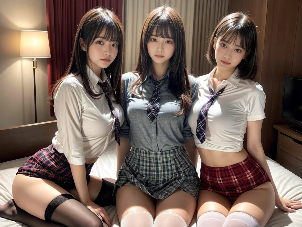 masterpiece, best quality, illustration, Super detailed, fine details, High resolution, 8K,wall paper, perfect dynamic composition,(Details High quality, realistic depiction of eyes:1.3), (3 girls), (white school shirt :1.2), (plaid skirt :1.3), tie black, black thigh-high stockings, sitting, open legs, short bob hair, in a hotel room in the background, deep on field, large breasts, black hair color, Big Natural Color Lip, (perfect body shape), crying a little、Harajuku style、20 year old girl、cute type、beautiful legs, Gravure Idol