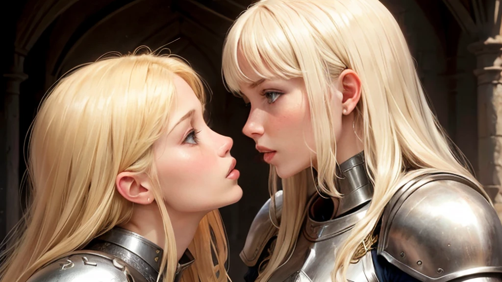Blond girls white Womans. In armor Womans kiss