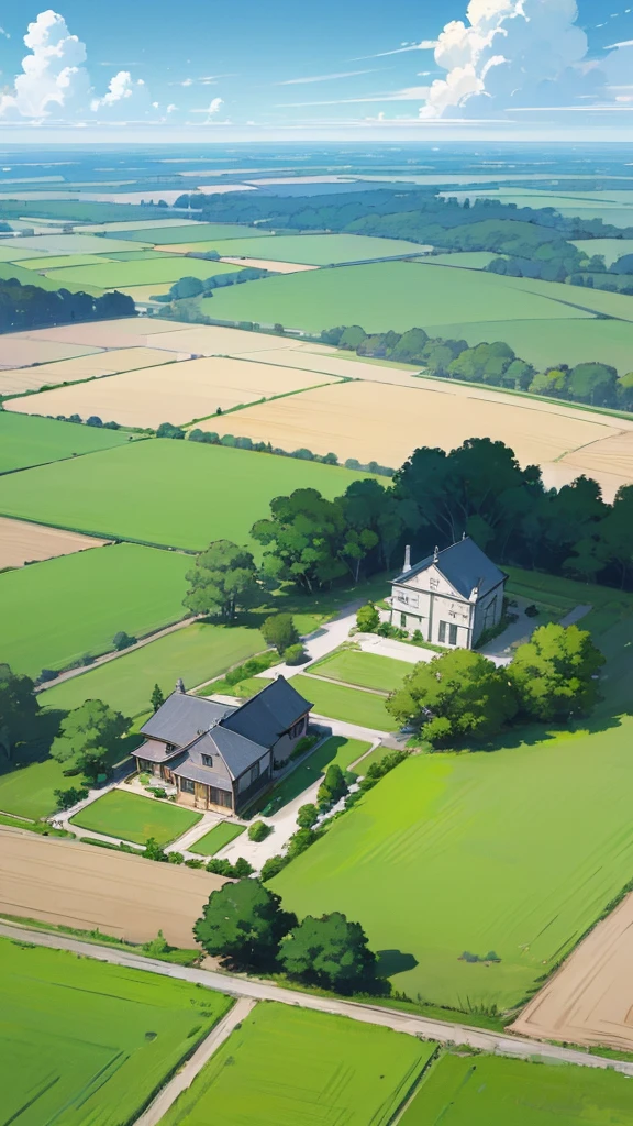(((masterpiece))) (((high quality))) a psychedelic anime landscape of a little country house in some land and a green orchard or something scenery, no humans, outdoors, grass, house, tree, sky, cloud, day