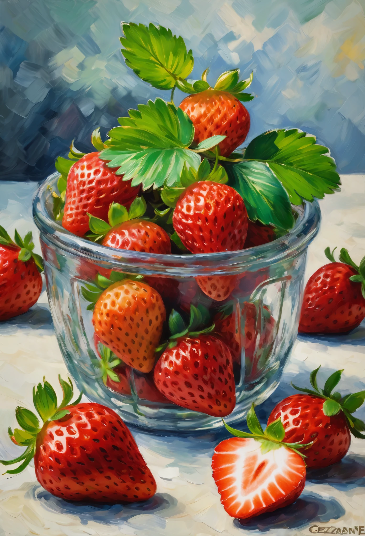 (8k, Highest quality, masterpiece)，{Realistic, RAW Photos, Super Fine Clear, Impressionist painting, (Impressionist paintingの影響を受けた, Influenced by Cezanne, Still life, A picture of a single strawberry:1.6)}, Simple Background, peacefulness, Solemn