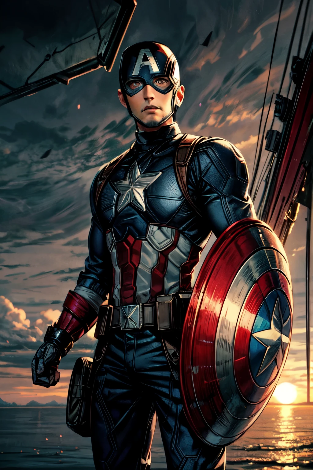 ((best quality)), ((masterpiece)), (detailed), superr hero captain america full mask in cyborg suit, holding the sheild, is watching the sunset(back side camera view) in the top of the world, wind blows, clouds, shadows, enter the dark