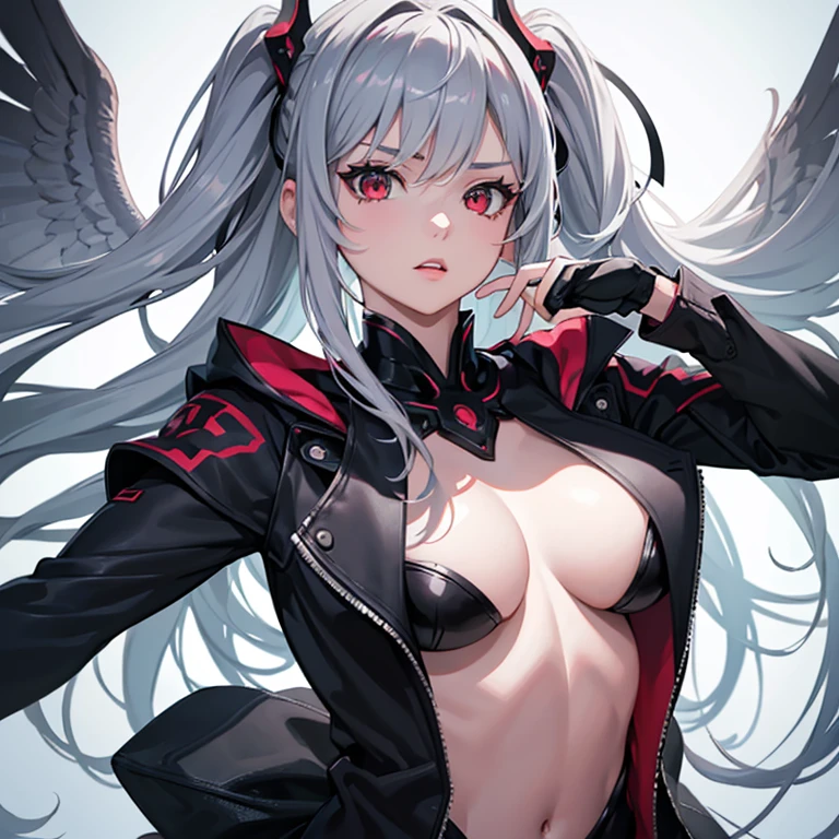 a beautiful アニメ-style girl with short gray/Gray Hair, Open your mouth, Red eyes, Very detailed face and features, Very detailed chest, Multiple accessories, Multiple Angles, High-quality Character Design, (Highest quality,4K,8k,High resolution,masterpiece:1.2),Very detailed,(Realistic,photoRealistic,photo-Realistic:1.37),Cinema Lighting,Vibrant colors,dramatic composition Red eyes, side up, Character Design画, Configuration figure, Configuration figure, Portraits, Character Design, アニメ, アニメ風, figure,