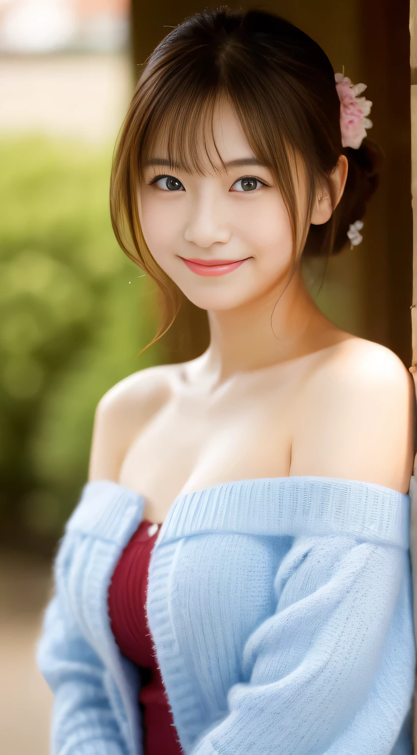 masterpiece,best quality,(Japanese girl),((Beautiful girl)),cleavage,(off shoulder:1.2),(perfect body beauty:1.2),(shy smile)