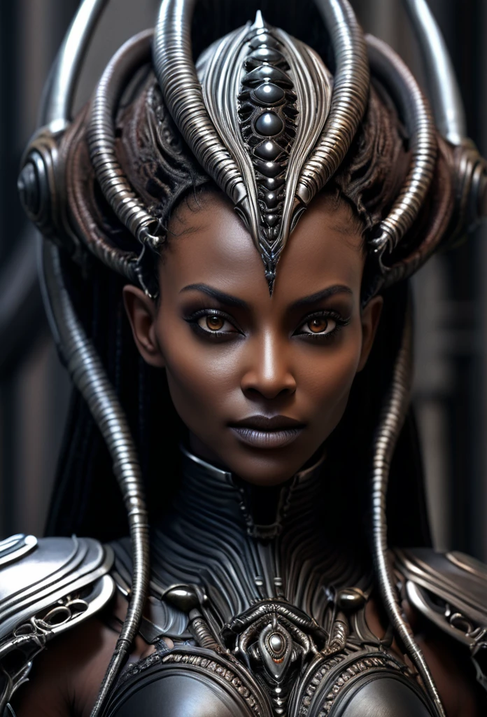 Ebony Female close up portrait shot, superior ancient Strigoi vampire,brown skin,dark alien armor,black exoskeleton, horror, dreamlike, (Artstation:1.1), (intricate:1.1), (great eye detail:0.7), solo, female, looking at viewer, photorealistic, 8k, unreal engine, inspired by HR Giger, half body portrait, highly detailed,