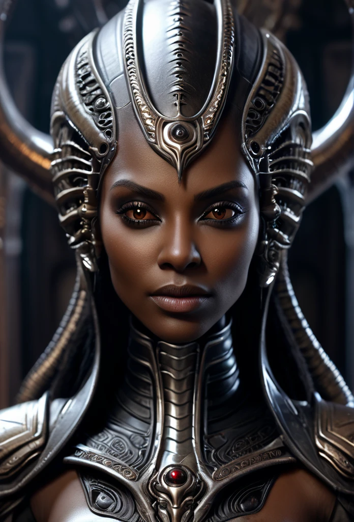 Ebony Female close up portrait shot, superior ancient Strigoi vampire,brown skin,dark alien armor,black exoskeleton, horror, dreamlike, (Artstation:1.1), (intricate:1.1), (great eye detail:0.7), solo, female, looking at viewer, photorealistic, 8k, unreal engine, inspired by HR Giger, half body portrait, highly detailed,