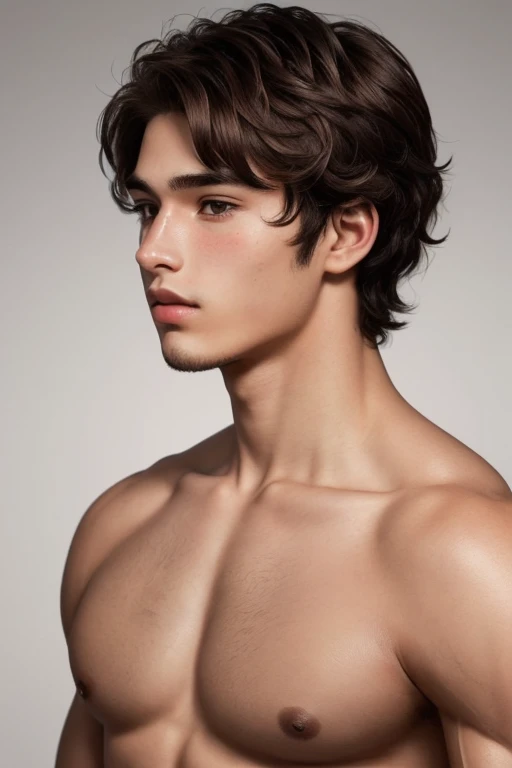 20 year old man, dark skinned , hair with brown curls to the middle of the neck, slightly almond brown eye, with sharp, thin nose and sharp jaw, thin and pink lips, his body is just a little muscular, with marked collarbones. Very manly facial features 