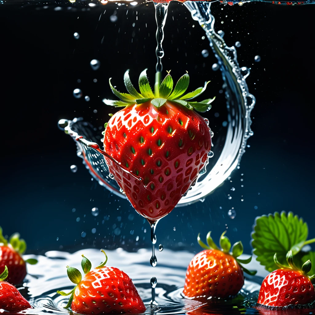 Grading RAW HD photos,Super real photos,Super real photos,digital monocular telescope,柔和的Light,Product photo of a strawberry falling into water、Dripping、splash出透明液体、splash,Dynamic Association,(main part) (best quality) (detailed) (Light) (sharp focus) (complicated), main part, best quality, Ultra-high resolution, 8k ultra high definition