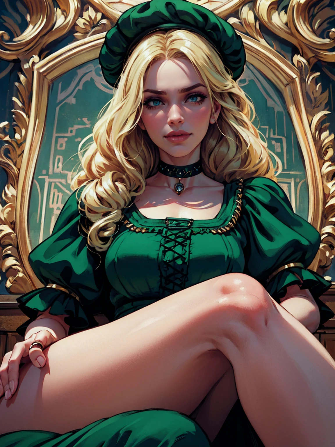 {-erro_de_anatomia:1.0} woman 40 years old, victorian clothes, (green dress), a woman (johanna constantine), very long blond hair, curly hair, (blond hair), (dark  blue 1 eyes), black choker . Indifferent look , merciless, dinamic poses, egoist smile, 