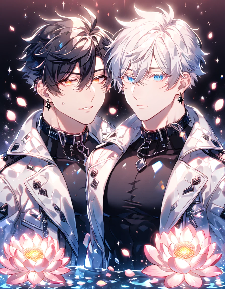 (1boy, 1girl), (cat ears:1.2), short hair, silver hair, white hair, purple eyes, masterpiece, pov, medium breast, absurdres, messy hair, cute smile, winking, blushing, nice hands, simple background, Japanese clothes, kimono, holding hands, floating heart, heart earrings, white hair, full-face blush, looking at another, face-to-face, cat girl, cat boy,