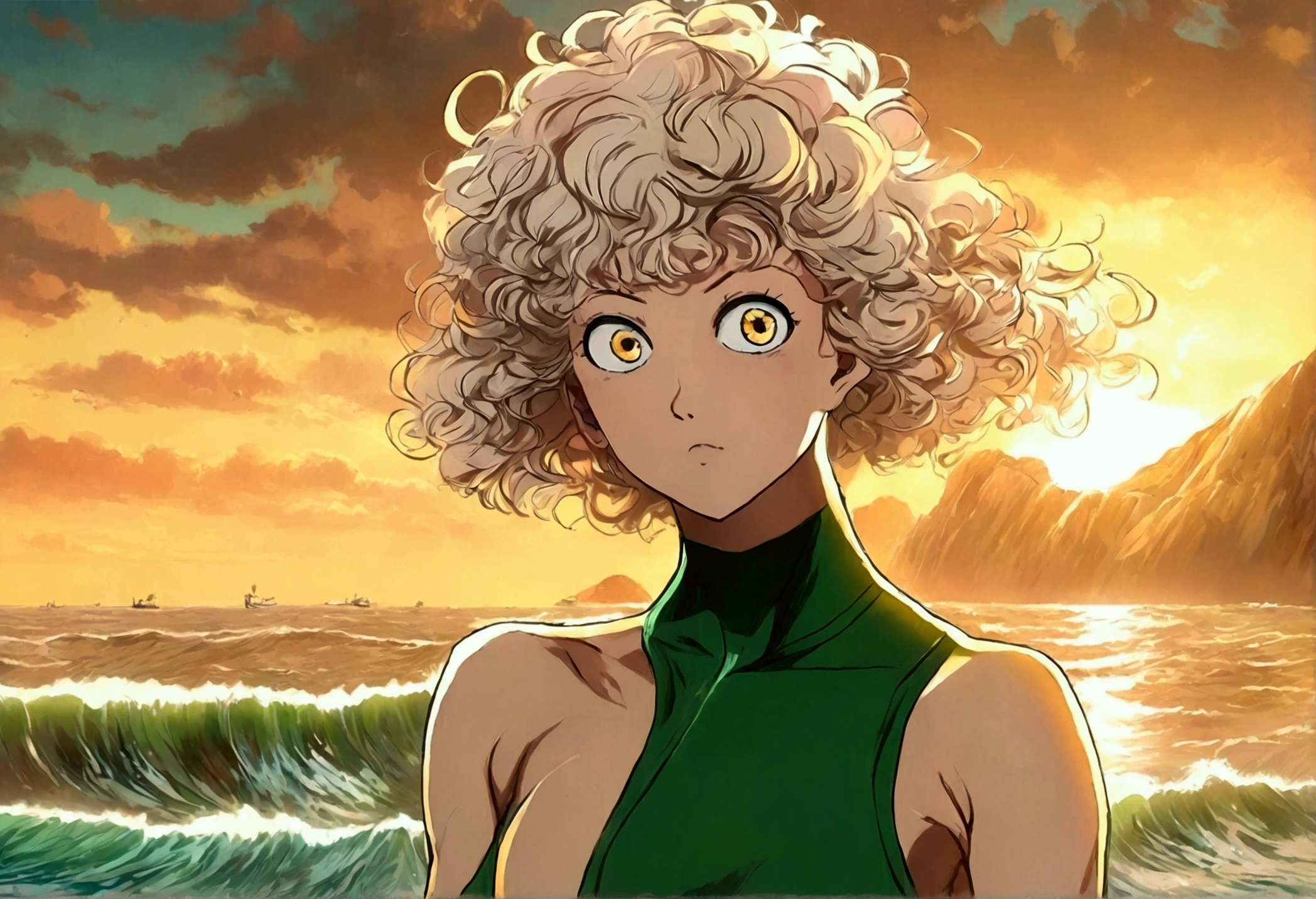 (One Punch Man Tatsumaki, hyper realistic, age 17, beautiful detailed eyes, beautiful detailed lips, extremely detailed face and features, long eyelashes, sexy 2 piece bikini, yelling, angry expression, dynamic pose) (Saitama, pasty complexion, no shirt, swim trunks, looking confused, standing on beach), beach, ocean waves, golden sunset lighting, highly detailed, cinematic, photorealistic, masterpiece, vibrant colors