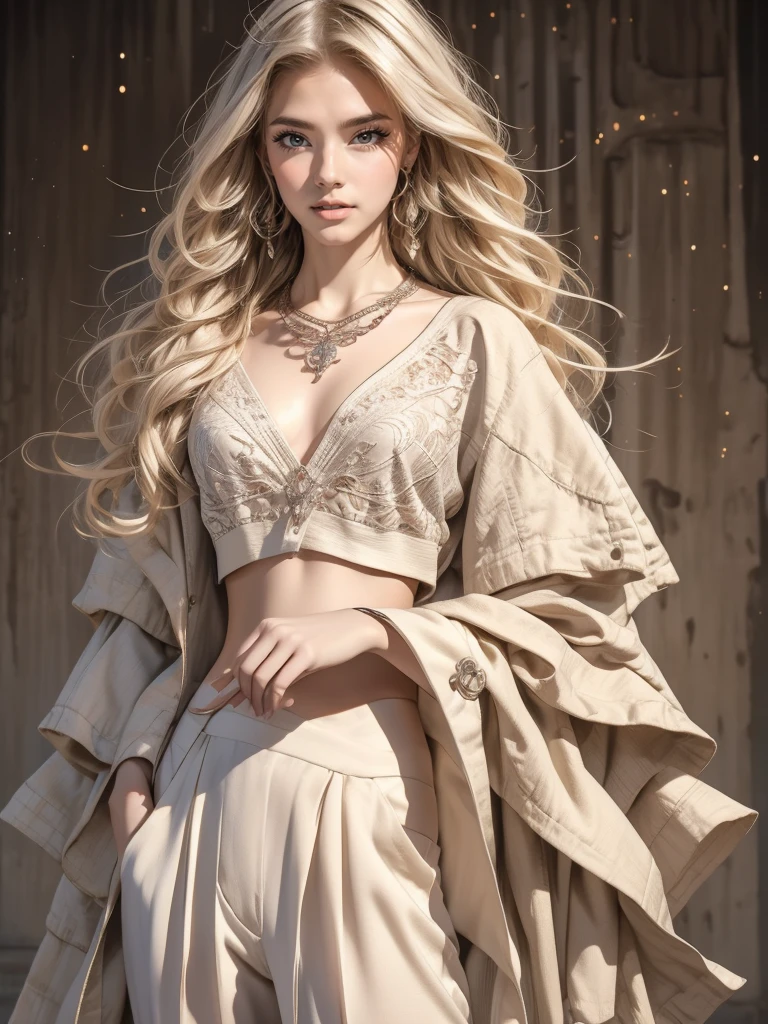 Beautiful girl , almond shaped eyes , thick eyelashes, thick eye liner, purple eyes , pale skin, blonde hair , extremely long hair , wearing blush ,(( large chest:1.2)) , small waist, ((has a punk rock style:1.2)) ,
Top: A tailored, coffee-colored blouse with a high collar and intricate, water-inspired patterns embroidered in subtle shades of beige and cream. The fabric has a slight sheen, reminiscent of water reflecting light.
Bottoms: Slim-fit, high-waisted trousers in a complementary neutral shade, designed to be both stylish and comfortable. The trousers have sharp creases and elegant lines.
Footwear: Sleek, minimalist ankle boots in a matching neutral tone, with subtle details that echo the water theme, such as wave-like patterns.
Accessories:
* A delicate, silver necklace with a pendant shaped like a coffee bean, adorned with a tiny droplet of water at the tip.
* Elegant, understated earrings that resemble droplets of water, adding a touch of sparkle to her look.
* A lightweight, beige trench coat with water-resistant fabric, perfect for both style and function.
16k, Ultra HD, HDR, (artwork: 1.5), (Best quality: 1.5), (high detailed skin: 1.2), (Best quality: 1. 5 ), intricate, highly detailed, art station, sharp focus, illustration, detailed, HDR. --air 9:16, Alone, Backlit, (glow effects:1. 1), (by Anne Stokes), 16k, Ultra HD, HDR, (artwork:1. 5), (Best quality:1. 5), Candid Cinema RAW, 16mm, ((graded color 400 portra film)) ((remarkable color)), (ultra realistic), textured skin, remarkable detailed pupils, ((realistic dull skin noise)), ((detail visible skin)), ((skin fuzz)), (dry skin) shot with cinema camera, digital art, glow effects, hand drawn, r8k, octane rendering, cinema 4d, blender, dark, atmospheric 4k ultra detailed, sensual cinematic, sharp focus, humorous illustration, large depth of field, artwork, colors, 3d octane rendering, conceptual art, trending on art station, hyperrealistic, vivid colors, model shoot style, (extremely detailed CG)