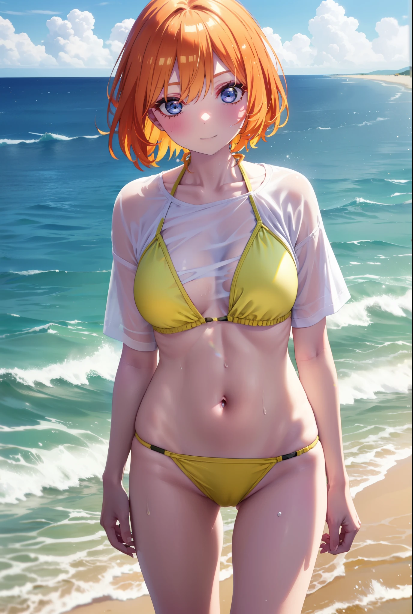 Yotsubanakano, Fourth floor Nakano, bangs, short hair, blue eyes, Hair between the eyes, Orange Hair, smile, Grin,Oversized green t-shirt,Short sleeve,Yellow bikini swimsuit,barefoot,Wet swimsuit,Wet Skin,Wet Hair,whole bodyがイラストに入るように,
break outdoors,Ocean,Beach,
break looking at viewer,whole body, (Cowboy Shot:1.5),
break (masterpiece:1.2), Highest quality, High resolution, unity 8k wallpaper, (figure:0.8), (Beautiful attention to detail:1.6), Highly detailed face, Perfect lighting, Highly detailed CG, (Perfect hands, Perfect Anatomy),