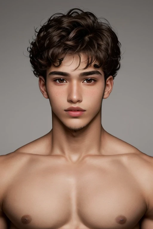 20 year old man, dark skinned , hair with brown curls to the middle of the neck, slightly almond brown eye, with sharp, thin nose and sharp jaw, thin and pink lips, his body is just a little muscular, with marked collarbones. Very manly facial features