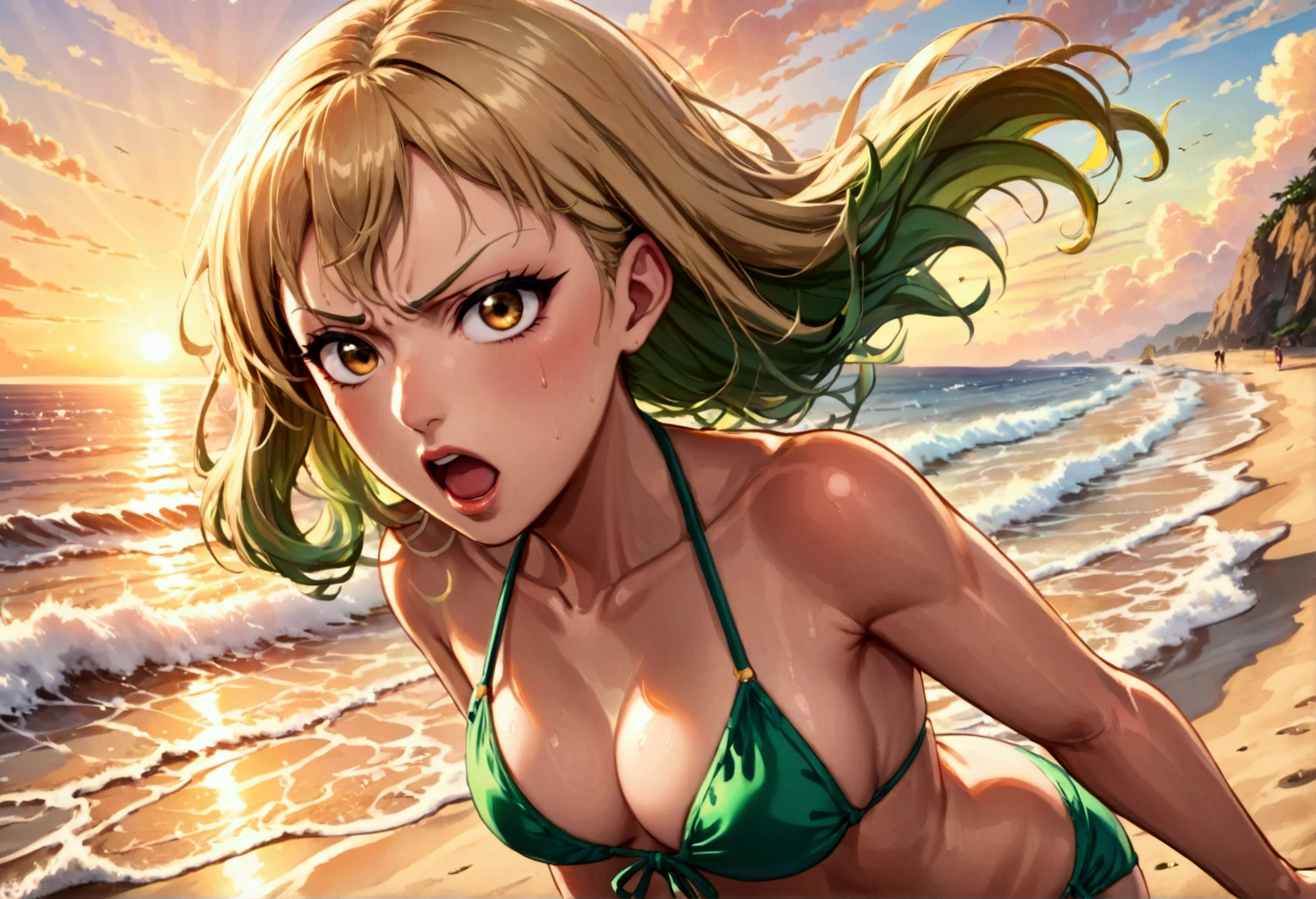 (One Punch Man Tatsumaki, hyper realistic, age 17, beautiful detailed eyes, beautiful detailed lips, extremely detailed face and features, long eyelashes, sexy 2 piece bikini, yelling, angry expression, dynamic pose) (Saitama, pasty complexion, no shirt, swim trunks, looking confused, standing on beach), beach, ocean waves, golden sunset lighting, highly detailed, cinematic, photorealistic, masterpiece, vibrant colors