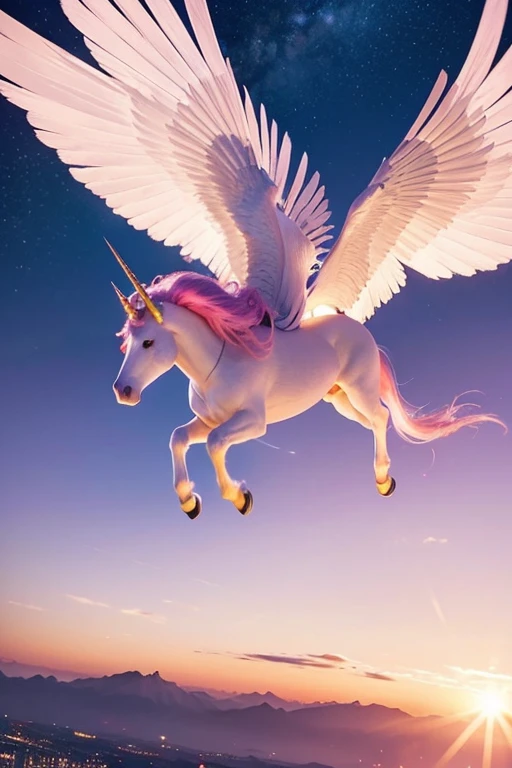 Uni descending from the heavens. Imagine a twilight sky with golden and pink tones, while Uni, a shiny white unicorn with wings, is in the air towards the girls' backyard.