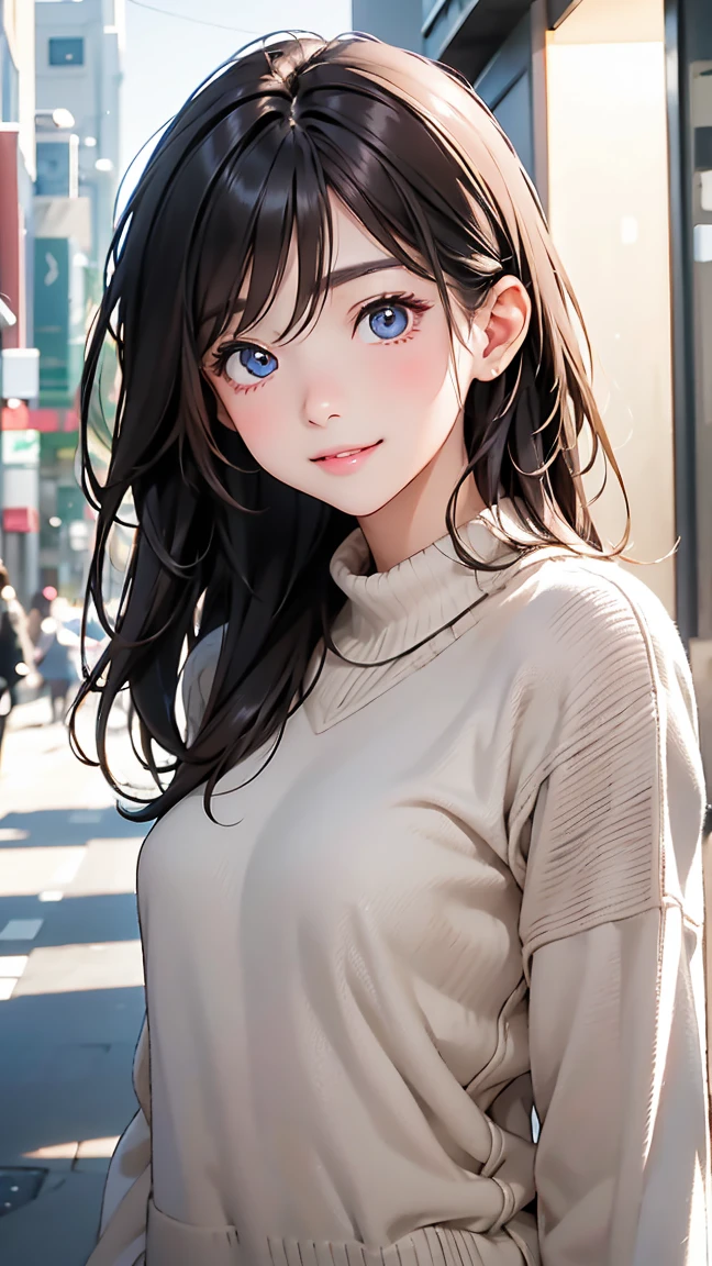 pieces fly、highest quality、figure、Super detailed、small details、High resolution、8K Dende Wallpaper、Perfect dynamic composition、detailed and beautiful eyes、winter casual wear、medium hair、small breasts、Natural color lip、bold sexy pose、shy smile、harajuku style、20 year old girl、cute type、Sexy shot looking at camera、