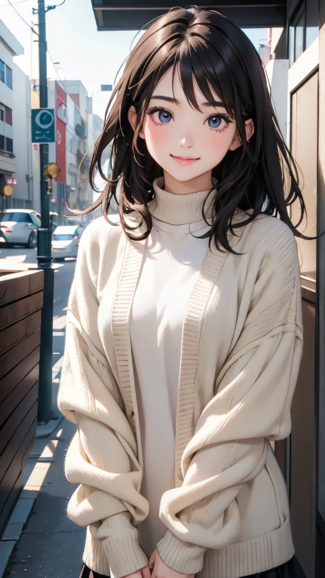 pieces fly、highest quality、figure、Super detailed、small details、High resolution、8K Dende Wallpaper、Perfect dynamic composition、detailed and beautiful eyes、winter casual wear、medium hair、small breasts、Natural color lip、bold sexy pose、shy smile、harajuku style、20 year old girl、cute type、Sexy shot looking at camera、