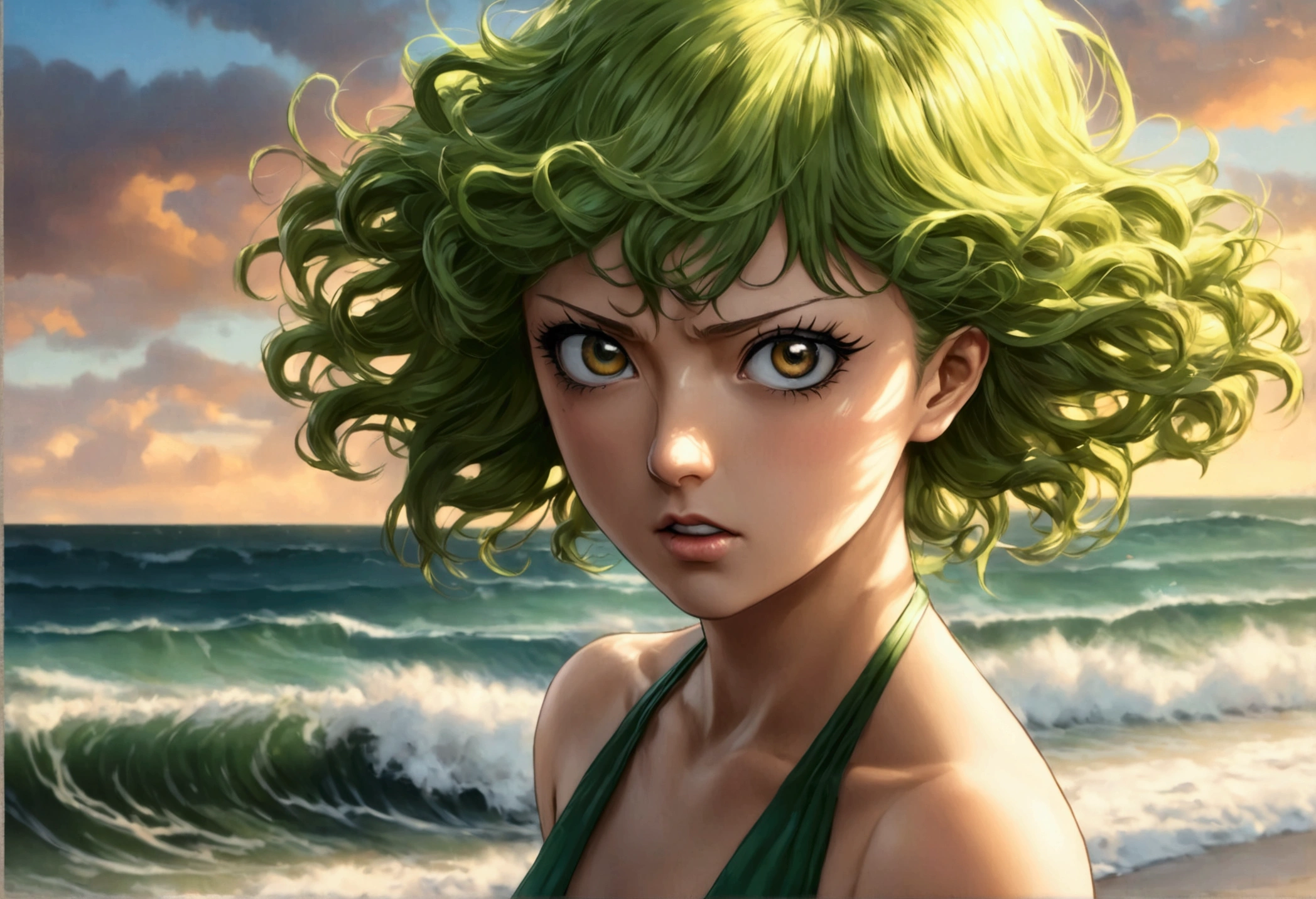 (One Punch Man Tatsumaki, hyper realistic, age 17, beautiful detailed eyes, beautiful detailed lips, extremely detailed face and features, long eyelashes, sexy 2 piece bikini, yelling, angry expression, dynamic pose) (Saitama, pasty complexion, no shirt, swim trunks, looking confused, standing on beach), beach, ocean waves, golden sunset lighting, highly detailed, cinematic, photorealistic, masterpiece, vibrant colors