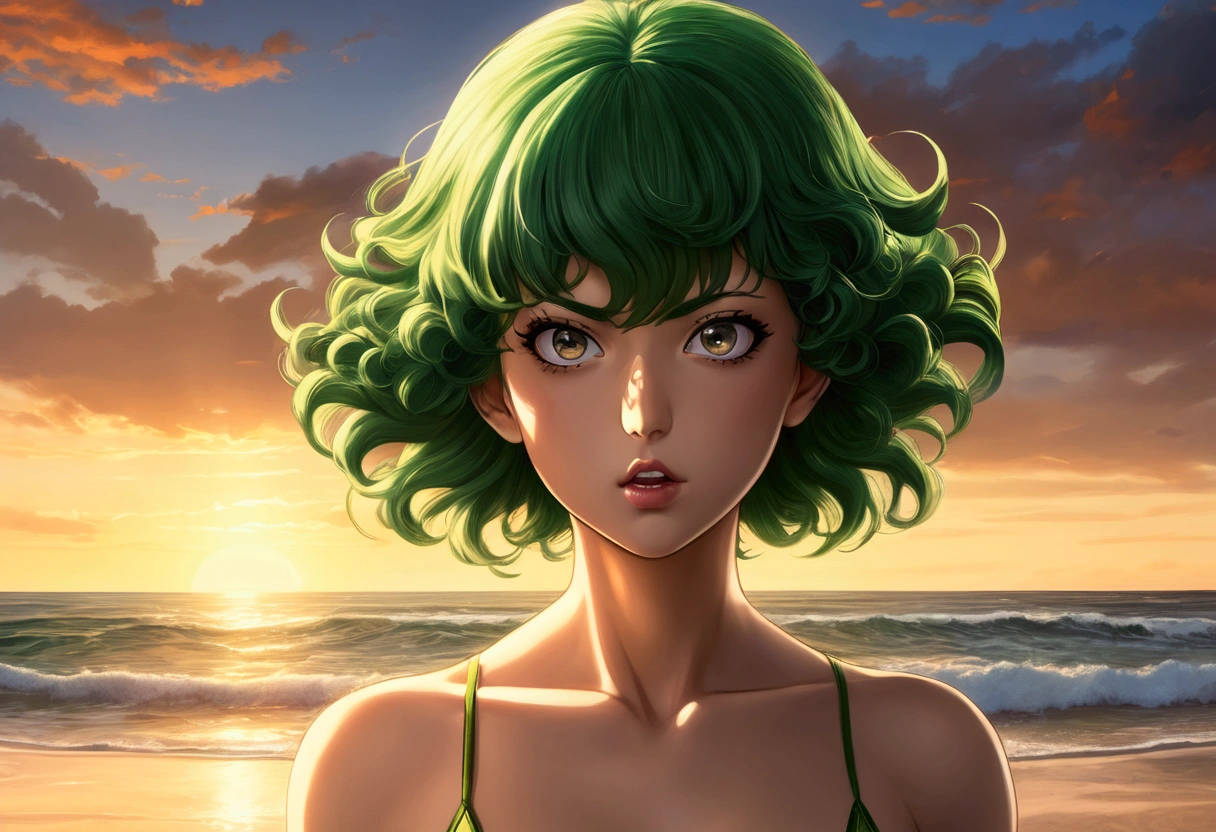 (One Punch Man Tatsumaki, hyper realistic, age 17, beautiful detailed eyes, beautiful detailed lips, extremely detailed face and features, long eyelashes, sexy 2 piece bikini, yelling, angry expression, dynamic pose) (Saitama, pasty complexion, no shirt, swim trunks, looking confused, standing on beach), beach, ocean waves, golden sunset lighting, highly detailed, cinematic, photorealistic, masterpiece, vibrant colors