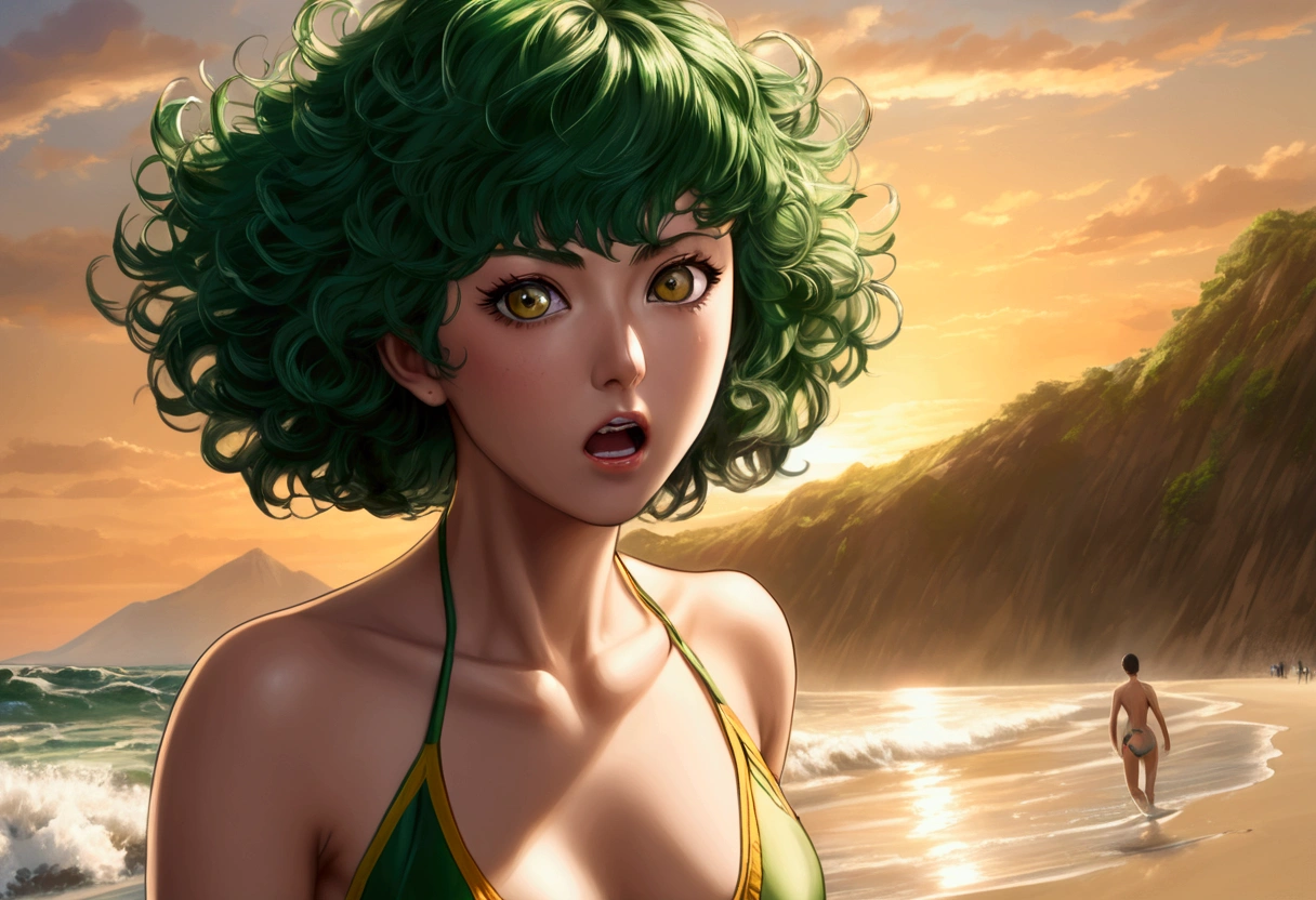 (One Punch Man Tatsumaki, hyper realistic, age 17, beautiful detailed eyes, beautiful detailed lips, extremely detailed face and features, long eyelashes, sexy 2 piece bikini, yelling, angry expression, dynamic pose) (Saitama, pasty complexion, no shirt, swim trunks, looking confused, standing on beach), beach, ocean waves, golden sunset lighting, highly detailed, cinematic, photorealistic, masterpiece, vibrant colors