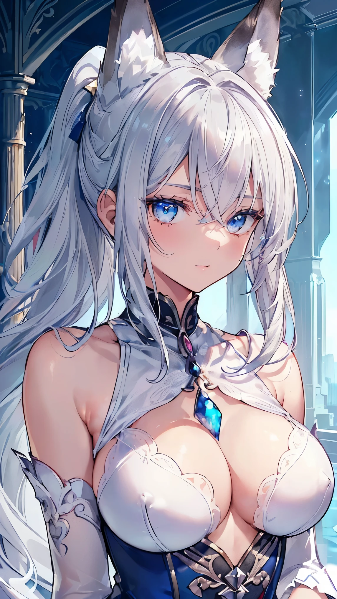 ((best quality)), ((Extremely detailed)),(16K highest quality wallpaper:1.4), (Upper Body:1.6), (Highly detailed and delicate illustration style:1.8), Delicate skin texture, Detailed fabric texture, Extremely detailed的描述, (T-Masterpiece), (The face is rich in detail:1.2), (Highly detailed silver fox ears:1.2), (Highly Detailed Shiny Ponytail:1.2), (Very detailed beautiful eyes:1.2), The original, RAW photos, professional, Intricate details, Super Detail, Direct light:1.6, (Perfect anatomical structure:1.4), (Highly delicate hands:1.2), (Very detailed fingers:1.2), (Highly detailed fingertips:1.2), (27 years old), real, (Solitary:1.6), ((Very beautiful and attractive silver fox female model:1.4)) brake (Beautiful and cute silver fox ears:1.6), (Detailed silver fox ears:1.4), (Beautiful and well-proportioned big breasts:1.2), (Beautiful and shapely buttocks), (Very beautiful and shiny rainbow hair, Colorful hair:1.6), (Very beautiful and transparent blue eyes,Shine with rainbow colors, Colored eyes:1.5), (beautiful clear blue eyes,The details sparkle:1.6), (The face is rich in detail:1.4), (Smile:1.3), (Looking at the audience:1.4), (permanent:1.4) brake (Concept Art:1.2), (Detailed fantasy art:1.2) brake (Just after noon:1.4), (Otherworldly city streets:1.6), (A different world:1.2), (Highly detailed and sophisticated backgrounds:1.2) brake ((Court Wizard's Coat:1.5),(Court wizard cloak:1.5)) brake