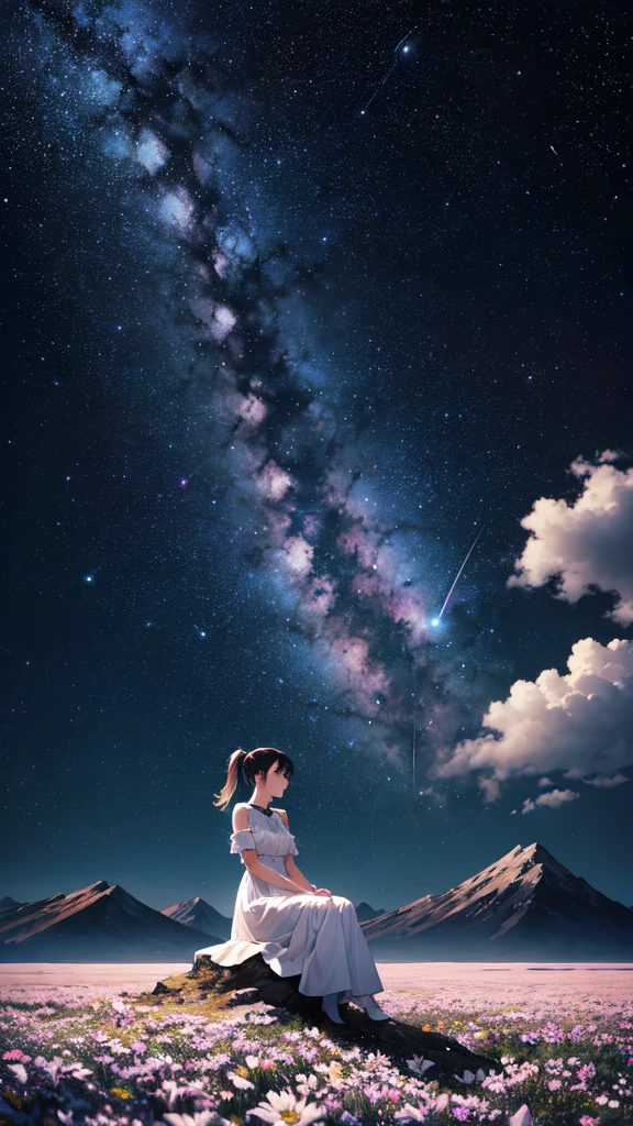 starry night sky with a mountain and a field of white flowers, endless cosmos in the background, moonlit starry sky environment, anime background, background is space, sitting on the cosmic cloudscape, on a galaxy looking background, magnificent background, space sky, cool background, heaven planet in background, space in background, on cosmic cloudscape, magical background, icey tundra background,Girl, floating, white dress, ponytail,