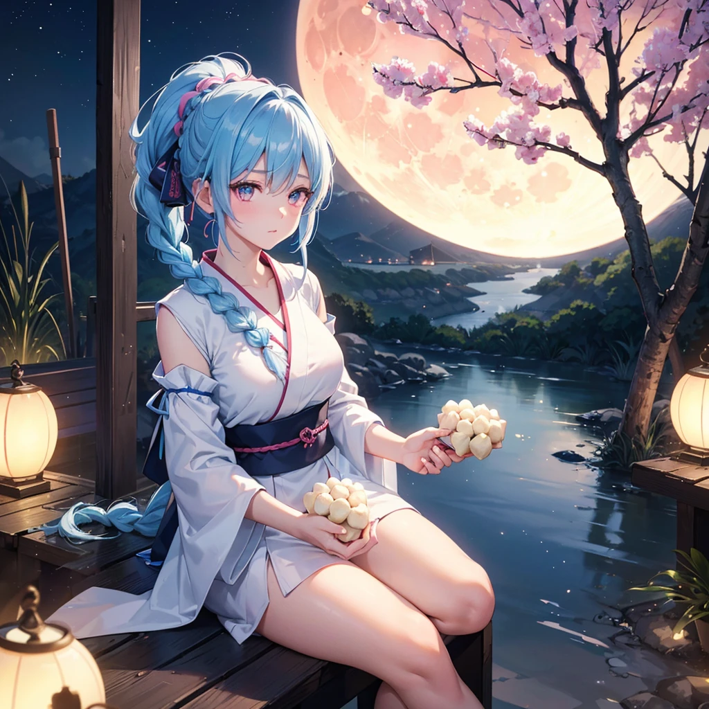 Sky blue hair, (Braided Ponytail:1.2), Pink eyes,Fair skin ,(whole body),(One Girl),Tsukimi,(White sweet dumplings ),White round dumplings,Japanese pampas grass,(beautiful, Full moon shining in the night sky),(masterpiece, Highest quality, Very detailed, Best Shadow), (Detailed Background), (Beautifully detailed face), High Contrast, (Best lighting, Very delicate and beautiful), ((Cinematic Light)), colorful, Hyper Detail,8k, Dramatic Light, Intricate details,Sit and eat dumplings while watching the moon,(Shadow of a rabbit on the moon),mysterious