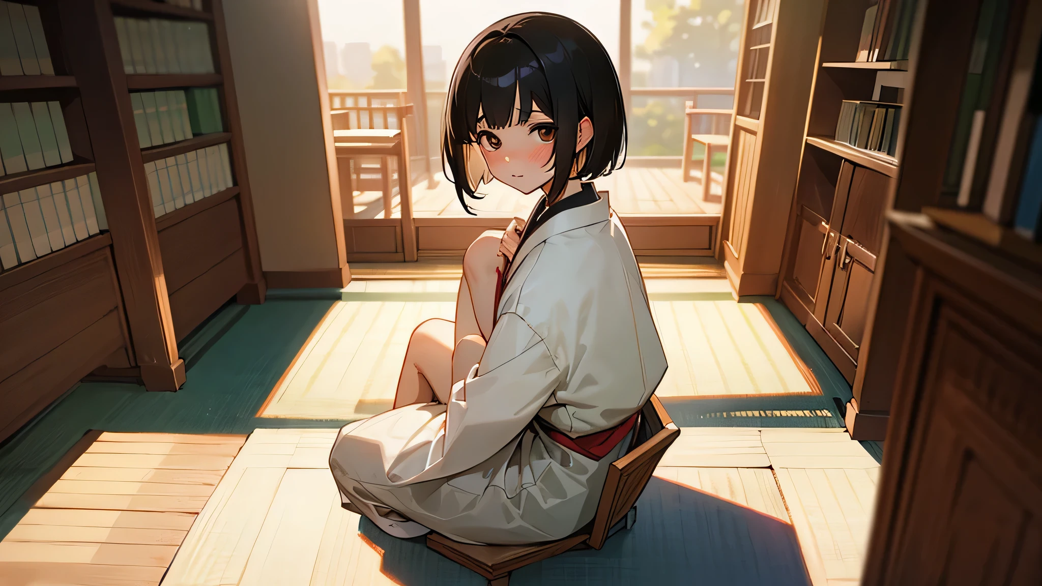 a white girl with short black hair, brown eyes, and in a japanese school uniform sitting in a library looking at the viewer blushing