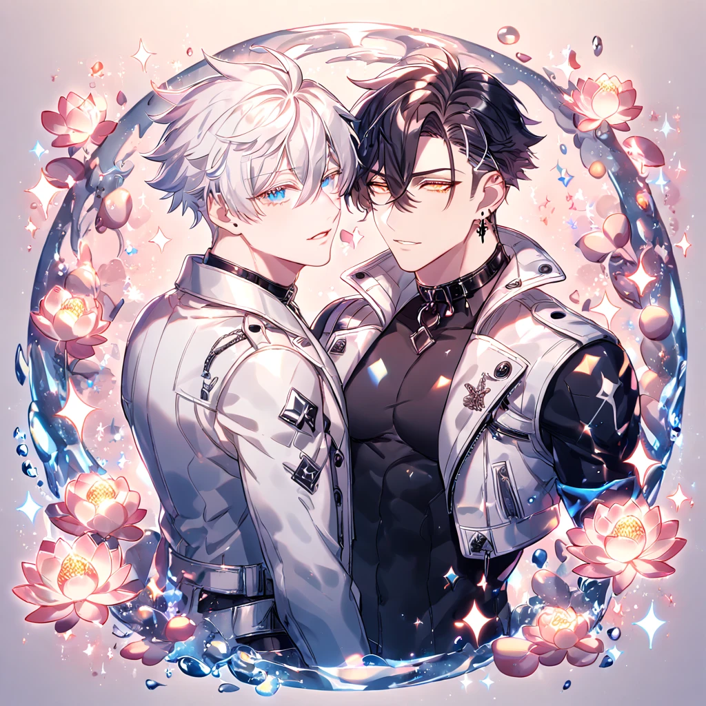 absurdres, highres, ultra detailed, HDR) master piece, best quality, Flamebringer, black hair, expressive orange eyes, black tight shirt, cropped leather jacket, black collar, black earrings, Arknights, Gojou Satoru, white hair, expressive blue eyes, white eyelashes, white coat, two sexy men together, yaoi, gay couple, handsome, magical, fantasy, pink butterflies, glittering, sparkling, pink lotus, petals, radiant, water, crystal glass style, manly man