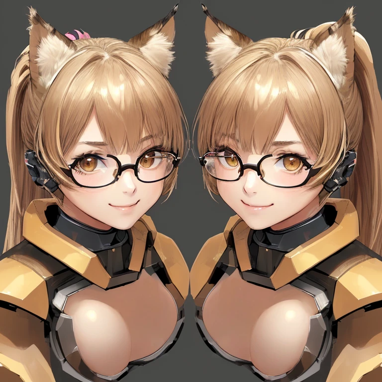 High resolution, Exposed breasts, bangs, blonde, Brown Hair, ponytail, Cat ear, Head Accessories, Dutch Angle, Anatomically correct, Highest quality, High resolution, masterpiece, Accurate, Attention to detail, 超High resolution, bangs, smile, Portraits, Setting diagram, Wearing glasses, Half-rim glasses, Sportswear, Mecha Armament,