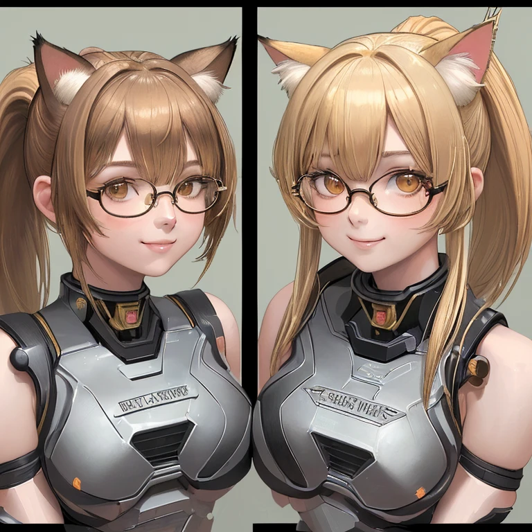 High resolution, Exposed breasts, bangs, blonde, Brown Hair, ponytail, Cat ear, Head Accessories, Dutch Angle, Anatomically correct, Highest quality, High resolution, masterpiece, Accurate, Attention to detail, 超High resolution, bangs, smile, Portraits, Setting diagram, Wearing glasses, Half-rim glasses, Sportswear, Mecha Armament,