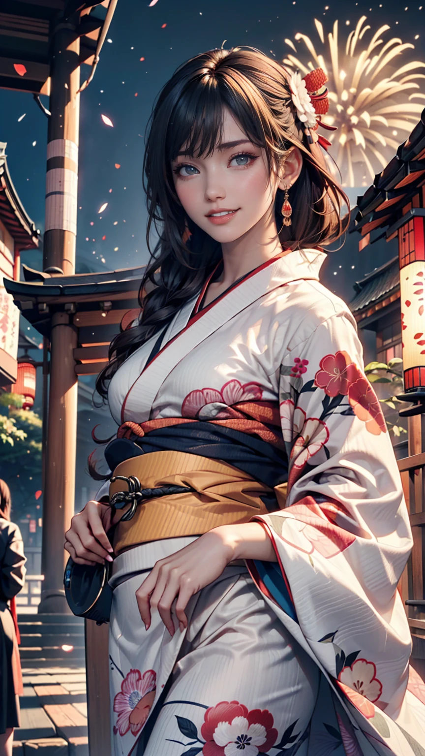 Looking at the camera,(((Highest quality, 8k, masterpiece))), Sharp focus, (Beautiful woman with perfect figure), thin, (Hairstyle: superior)), ((kimono(yukata): Cane)), street: 1.2 非常に詳細な顔と肌の質感 詳細な目 double eyelid ランダムな姿勢, (smile),ssuperiorer cute Japan person,ssuperiorer beauty Japanese girl, Realistic Face, double eyelid,smile,Summer festival , At sunset , Beautiful Teeth , Fireworks Background、Having a fan