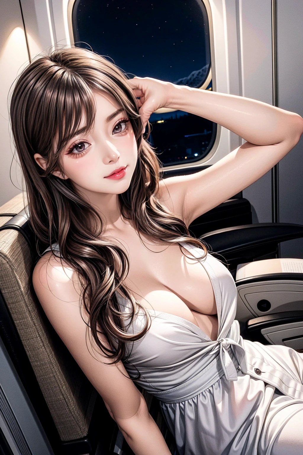 night time On the plane, nude, looking at the camera with a shy face. long wave hair, brown eyes.