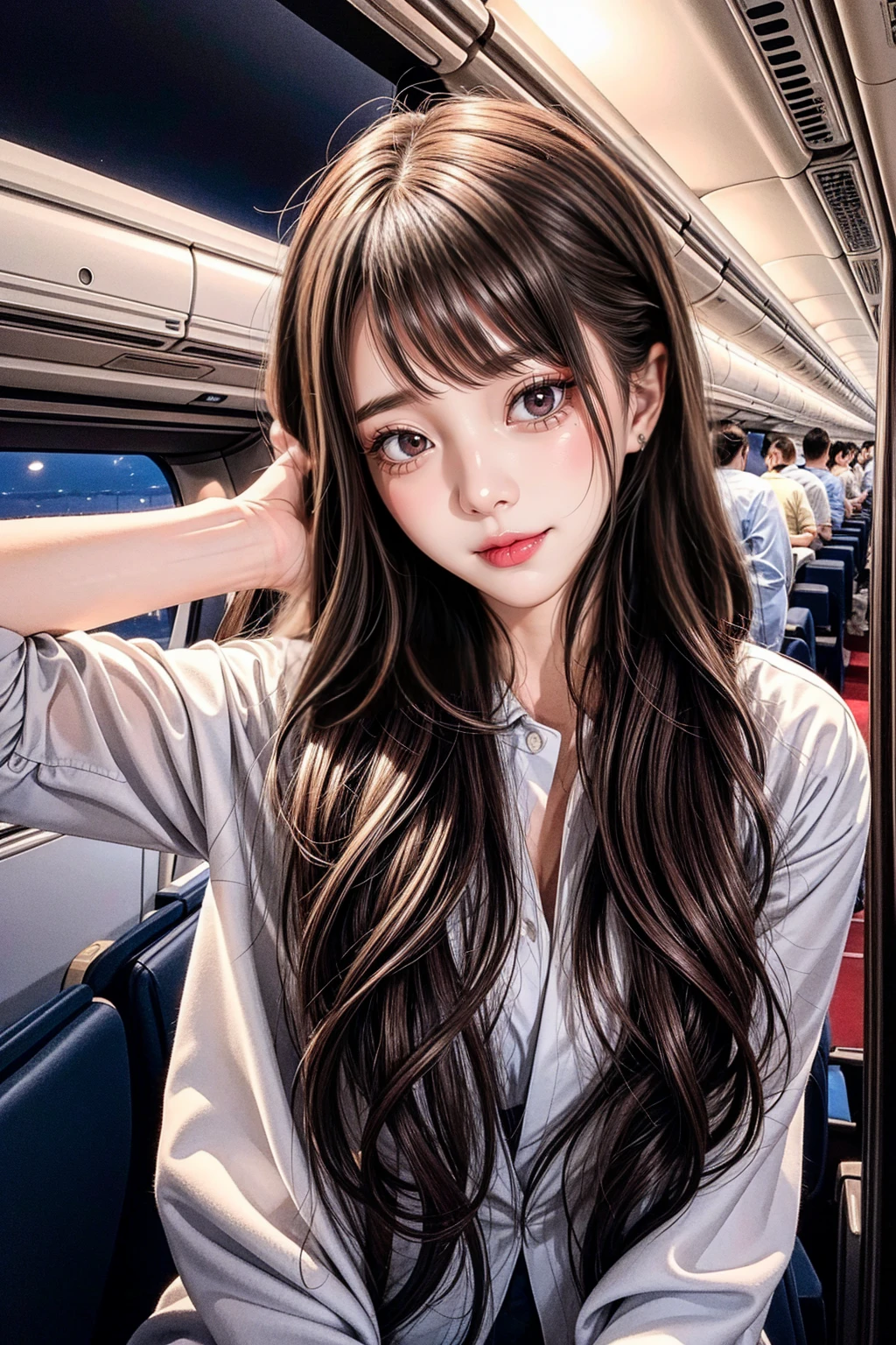 night time On the plane, nude, looking at the camera with a shy face. long wave hair, brown eyes.