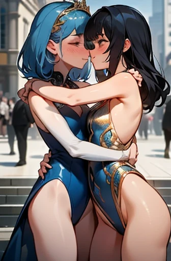 blushest of embarrassment because her in a ornate-magical-sparkly-metallic-G-string-leotard is too revealing cut away at the chest,masterpiece, Highest quality, Confused, Perfect Anatomy, Two Girls, Hug face to face, kiss, city, Outdoor, Cowboy Shot, smile, Blue hair and black hair，Cute innocent girl, A large, swaying bust, Sensual expression,Severe, Shyness,, ultra-detailed,lovely elegant,shynessembarrassed,extremely detailed, 4K, 8k, super detailed game CG, delicate, Shynessの表情, as the shynessembarrassed ceremony Group photo,in the background proudest moment,
